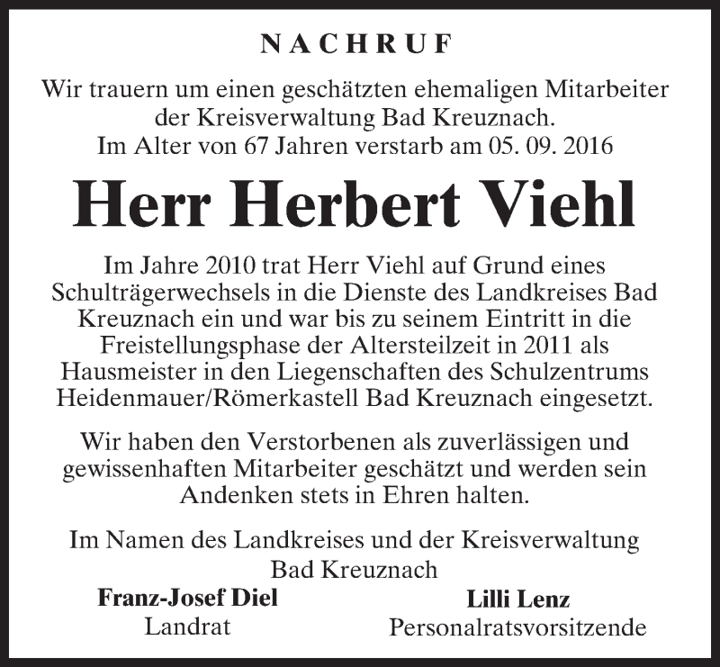  Traueranzeige für Herbert Viehl vom 08.09.2016 aus Trauerportal Rhein Main Presse