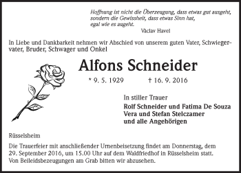 Traueranzeige von Alfons Schneider von Trauerportal Echo Online