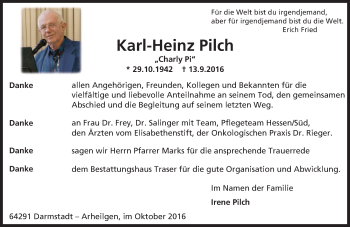 Traueranzeige von Karl-Heinz Pilch von Trauerportal Echo Online