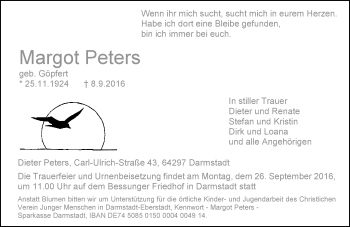 Traueranzeige von Margot Peters von Trauerportal Echo Online