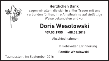Traueranzeige von Doris Wesolowski von Trauerportal Rhein Main Presse