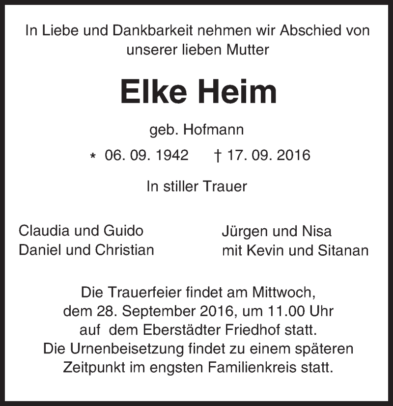 Traueranzeige für Elke Heim vom 24.09.2016 aus Trauerportal Echo Online