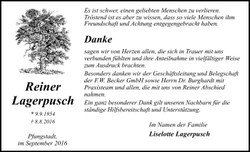 Traueranzeige von Reiner Lagerpusch von Trauerportal Echo Online