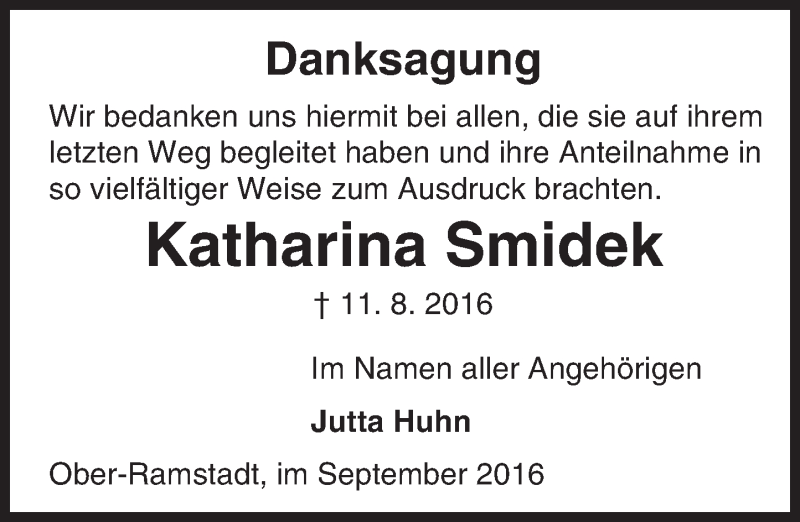  Traueranzeige für Katharina Smidek vom 03.09.2016 aus Trauerportal Echo Online