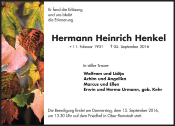 Traueranzeige von Hermann Heinrich Henkel von Trauerportal Echo Online