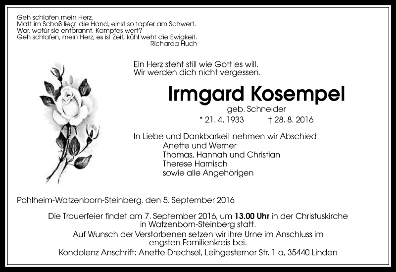  Traueranzeige für Irmgard Kosempel vom 05.09.2016 aus  Gießener Anzeiger