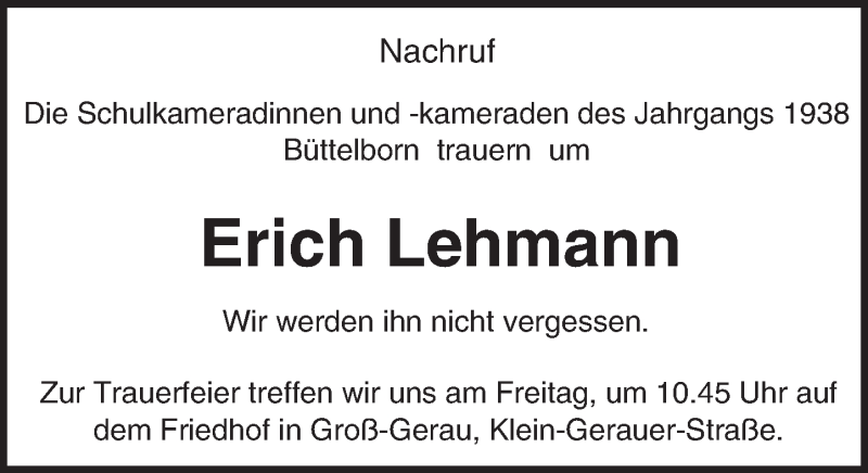  Traueranzeige für Erich Lehmann vom 15.09.2016 aus Trauerportal Echo Online