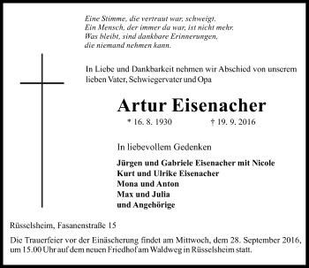 Traueranzeige von Artur Eisenacher von Trauerportal Rhein Main Presse