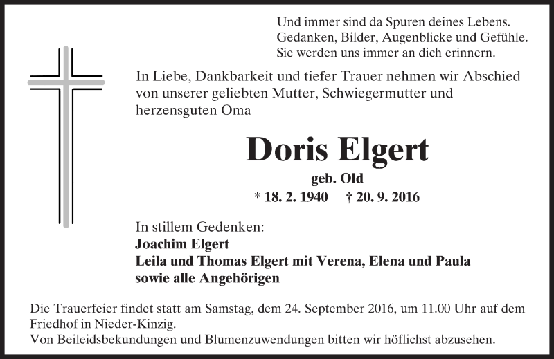  Traueranzeige für Doris Elgert vom 22.09.2016 aus Trauerportal Echo Online