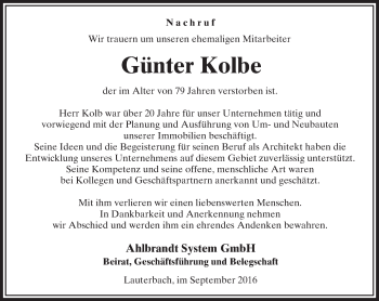 Traueranzeige von Günter Kolbe von VRM Trauer
