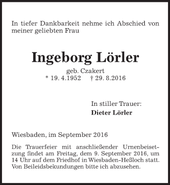 Traueranzeige von Ingeborg Lörler von Trauerportal Rhein Main Presse