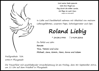 Traueranzeige von Roland Liebig von Trauerportal Echo Online