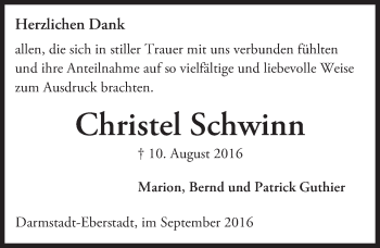 Traueranzeige von Christel Schwinn von Trauerportal Echo Online