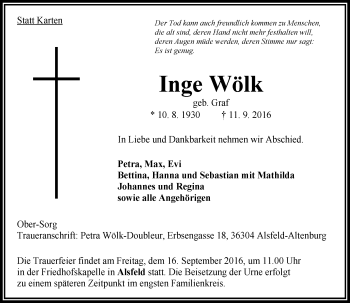 Traueranzeige von Inge Wölk von VRM Trauer