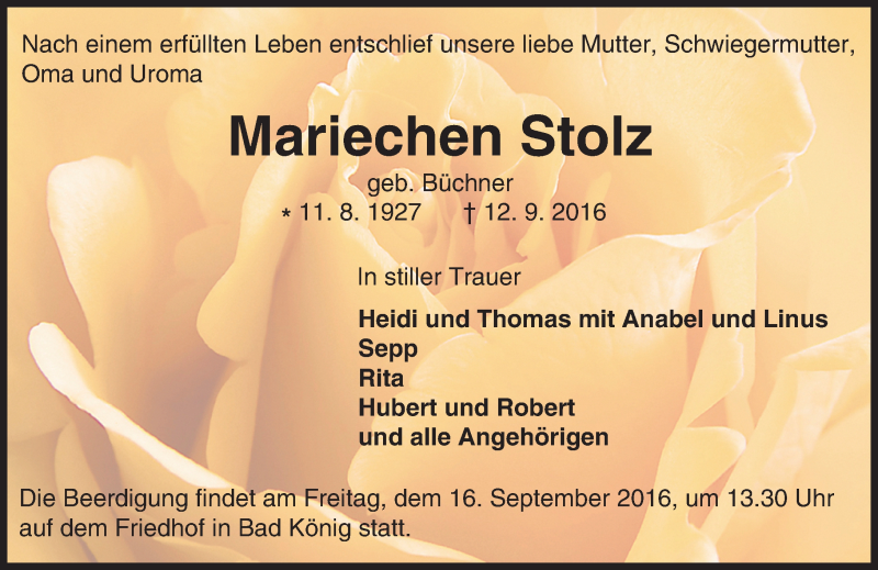  Traueranzeige für Mariechen Stolz vom 15.09.2016 aus Trauerportal Echo Online