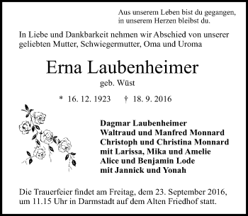 Traueranzeige von Erna Laubenheimer von Trauerportal Echo Online