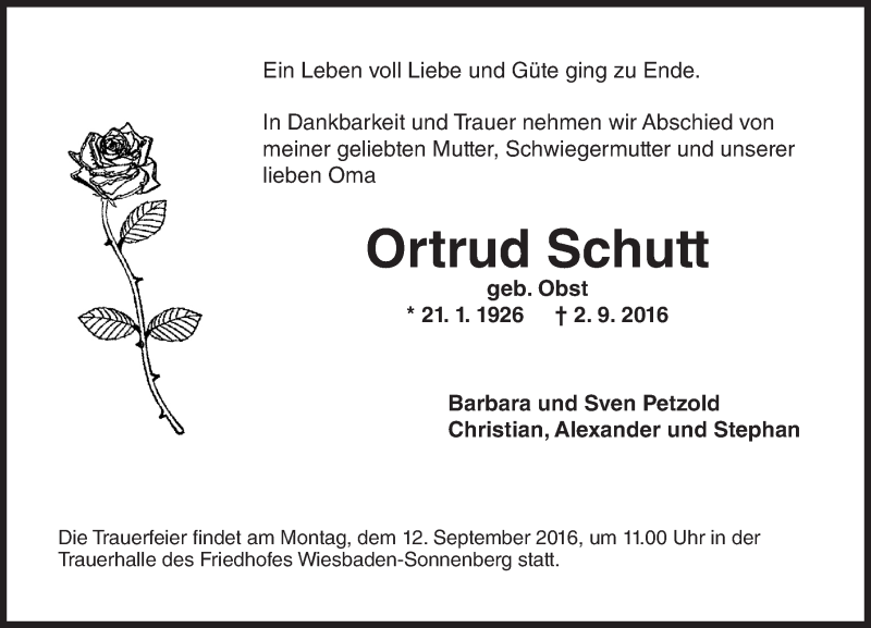  Traueranzeige für Ortrud Schutt vom 07.09.2016 aus Trauerportal Rhein Main Presse