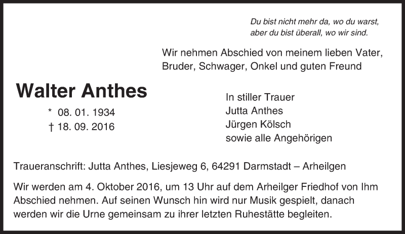  Traueranzeige für Walter Anthes vom 28.09.2016 aus Trauerportal Echo Online