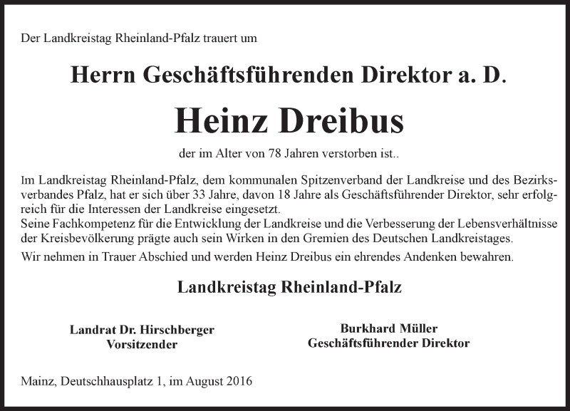  Traueranzeige für Heinz Dreibus vom 02.09.2016 aus Trauerportal Rhein Main Presse