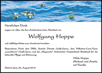 Traueranzeige von Wolfgang Hoppe von Trauerportal Echo Online