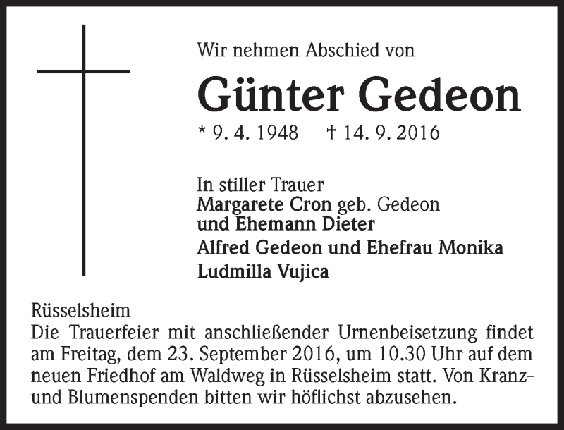  Traueranzeige für Günter Gedeon vom 17.09.2016 aus Trauerportal Echo Online