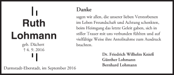 Traueranzeige von Ruth Lohmann von Trauerportal Echo Online