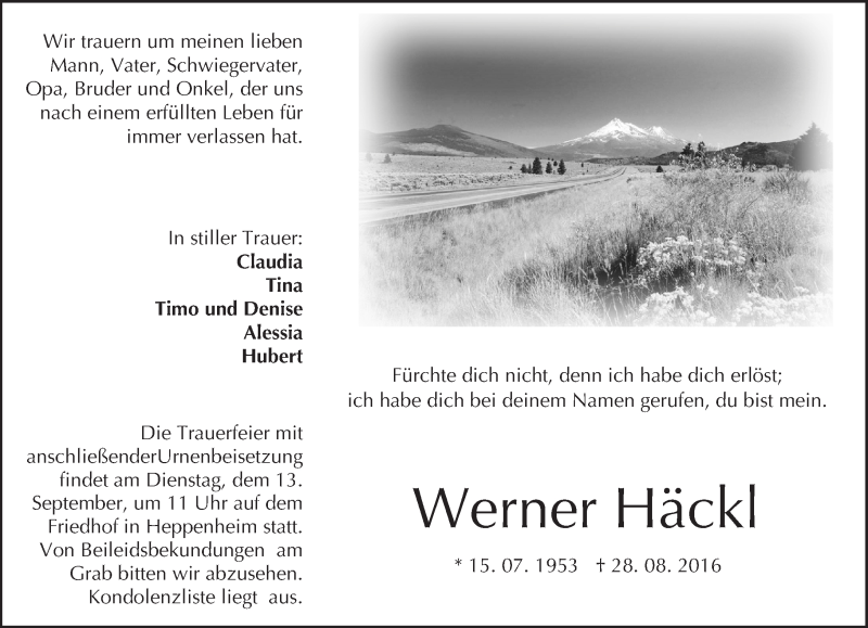  Traueranzeige für Werner Häckl vom 10.09.2016 aus Trauerportal Echo Online