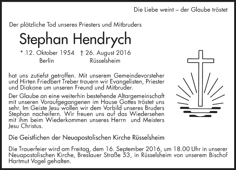  Traueranzeige für Stephan Hendrych vom 14.09.2016 aus Trauerportal Rhein Main Presse