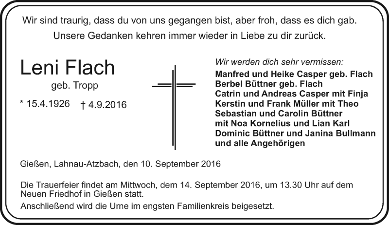  Traueranzeige für Leni Flach vom 10.09.2016 aus  Gießener Anzeiger