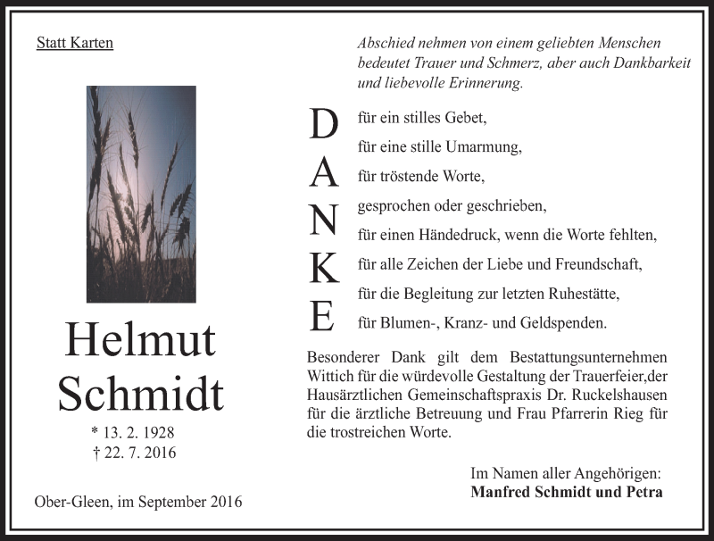  Traueranzeige für Helmut Schmidt vom 03.09.2016 aus VRM Trauer