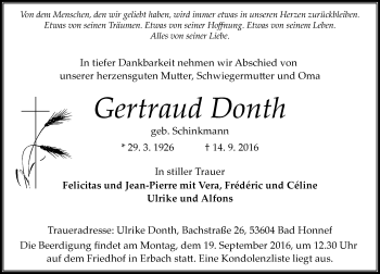 Traueranzeige von Gertraud Donth von Trauerportal Echo Online