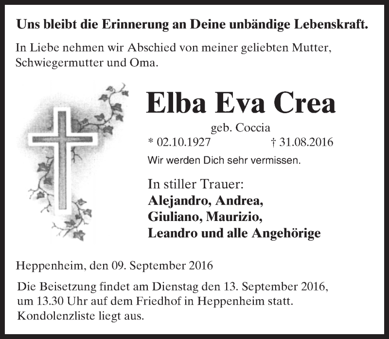  Traueranzeige für Elba Eva Crea vom 09.09.2016 aus Trauerportal Echo Online