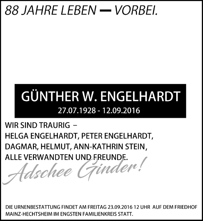 Traueranzeige für Günther W. Engelhardt vom 20.09.2016 aus Trauerportal Rhein Main Presse