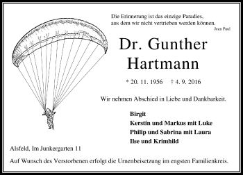 Traueranzeige von Gunter Hartmann von VRM Trauer