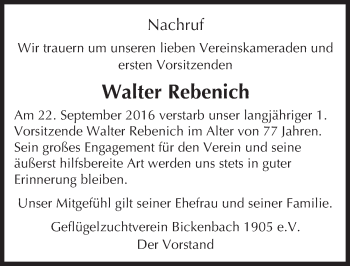 Traueranzeige von Walter Rebenich von Trauerportal Echo Online