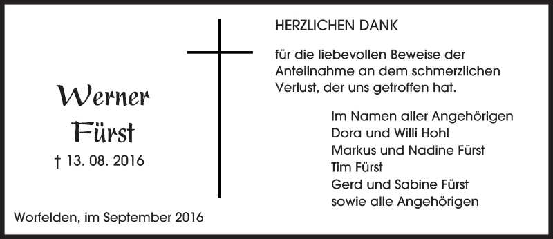  Traueranzeige für Werner Fürst vom 10.09.2016 aus Trauerportal Echo Online