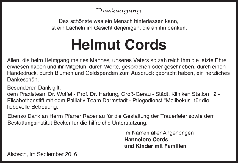  Traueranzeige für Helmut Cords vom 17.09.2016 aus Trauerportal Echo Online
