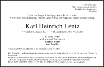 Traueranzeige von Karl Heinrich Lentz von Trauerportal Rhein Main Presse