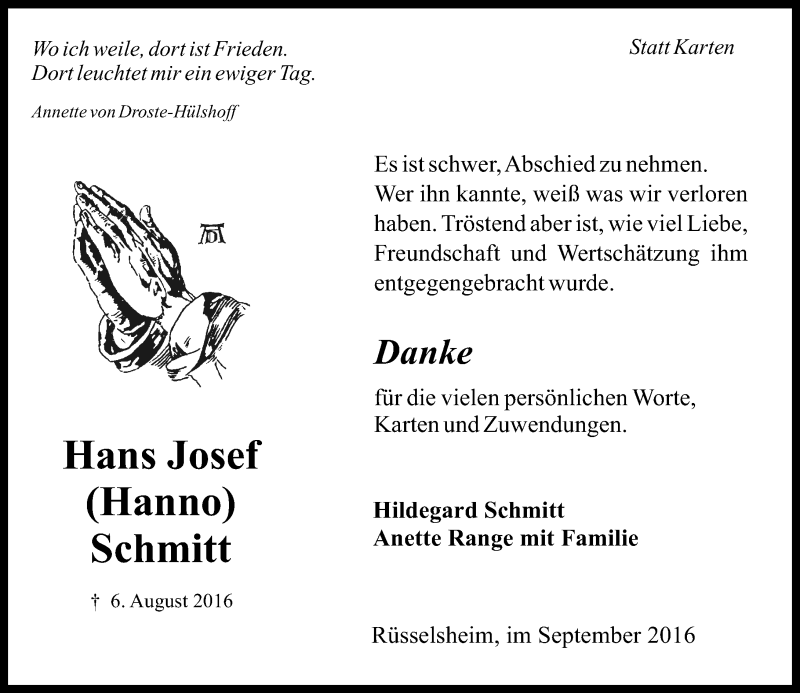  Traueranzeige für Hans Josef Schmitt vom 10.09.2016 aus Trauerportal Rhein Main Presse