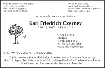 Traueranzeige von Karl Friedrich Czerney von  Gießener Anzeiger