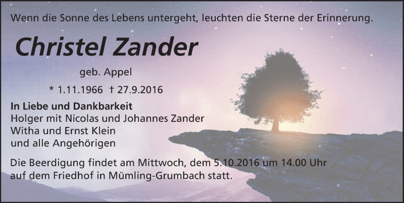  Traueranzeige für Christel Zander vom 01.10.2016 aus Trauerportal Echo Online