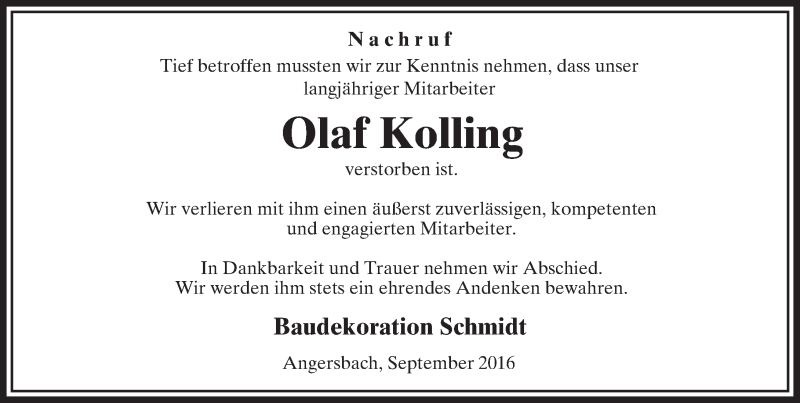  Traueranzeige für Olaf Kolling vom 23.09.2016 aus VRM Trauer