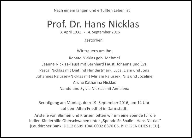 Traueranzeige für Hans Nicklas vom 10.09.2016 aus Trauerportal Echo Online