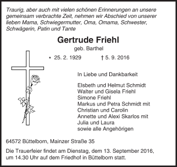 Traueranzeige von Gertrude Friehl von Trauerportal Echo Online