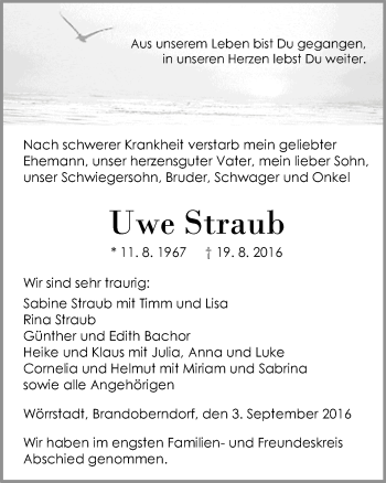 Traueranzeige von Uwe Straub von Trauerportal Rhein Main Presse