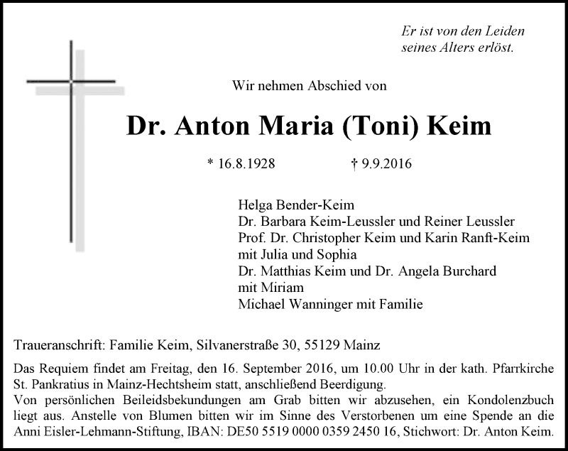  Traueranzeige für Anton Maria  Keim vom 14.09.2016 aus Trauerportal Rhein Main Presse