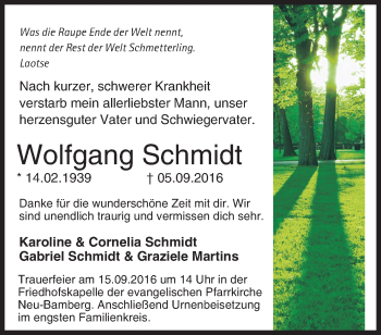 Traueranzeige von Wolfgang Schmidt von Trauerportal Rhein Main Presse