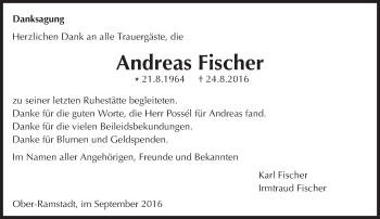 Traueranzeige von Andreas Fischer von Trauerportal Echo Online