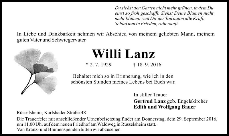  Traueranzeige für Willi Lanz vom 24.09.2016 aus Trauerportal Rhein Main Presse