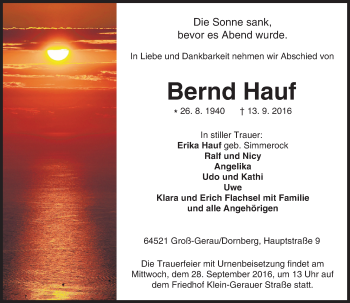 Traueranzeige von Bernd Hauf von Trauerportal Echo Online